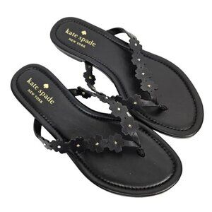 KATE SPADE Daisy Leather Thong Flat Sandals Studded Flowers Black